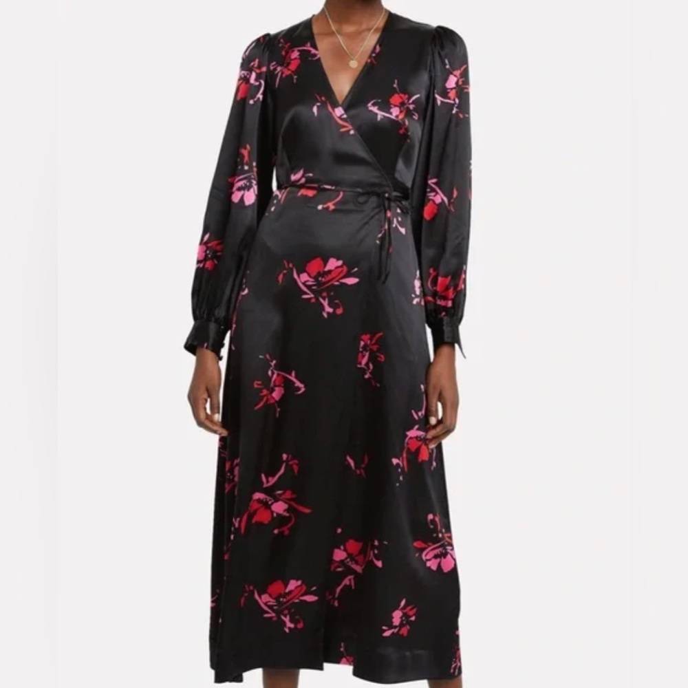 GANNI Silk Floral Print Wrap Dress